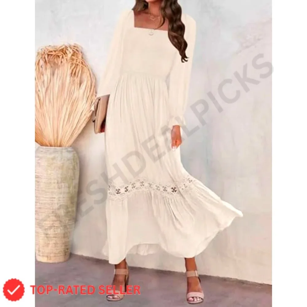 Boho Maxi Dress Long Sleeve Square Neck Smocked High Waist Flowy Lace Trim - Picture 3 of 7